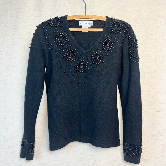 Vtg Lambswool Angora Rabbit OUTLANDER Sweater Beaded 80s Black wool Petite - Picture 1 of 6